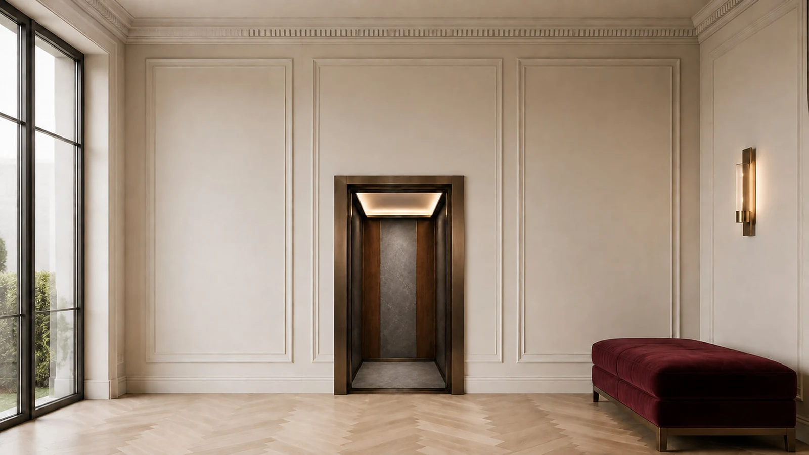 Oakshade lift with the door open into a living room