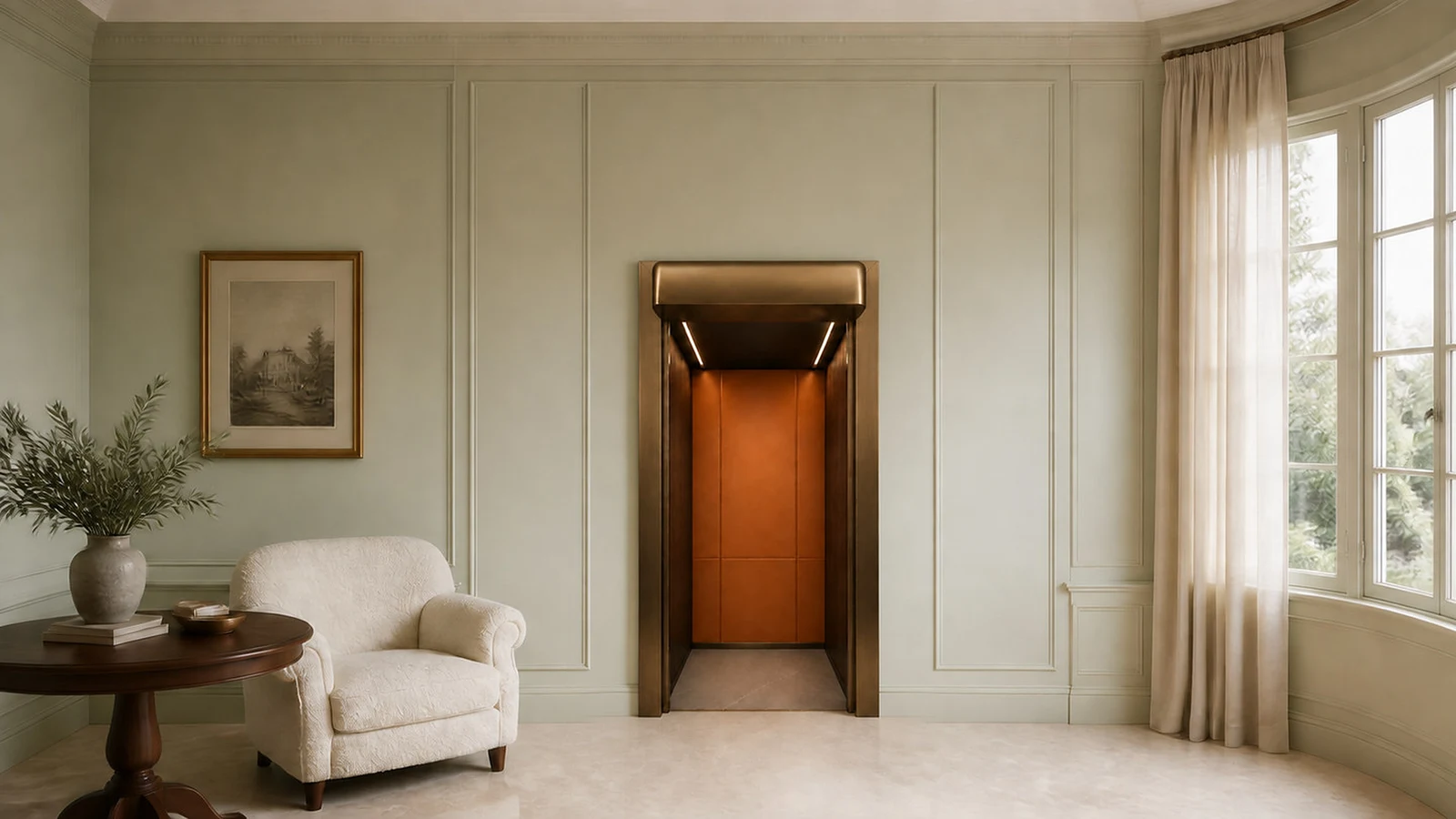 Cognac Court lift with the door open into a living room