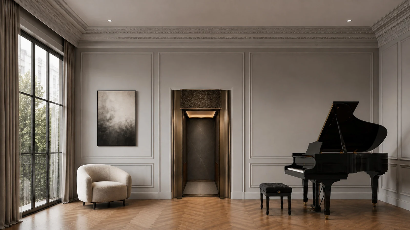 Inkstone lift with the door open into a living room