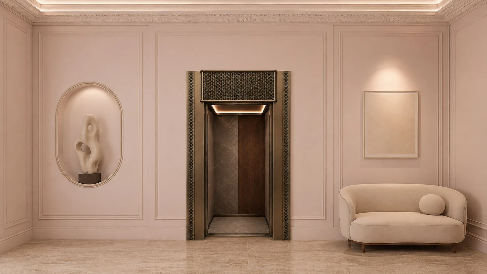 Umber Stone lift with the door open into a living room