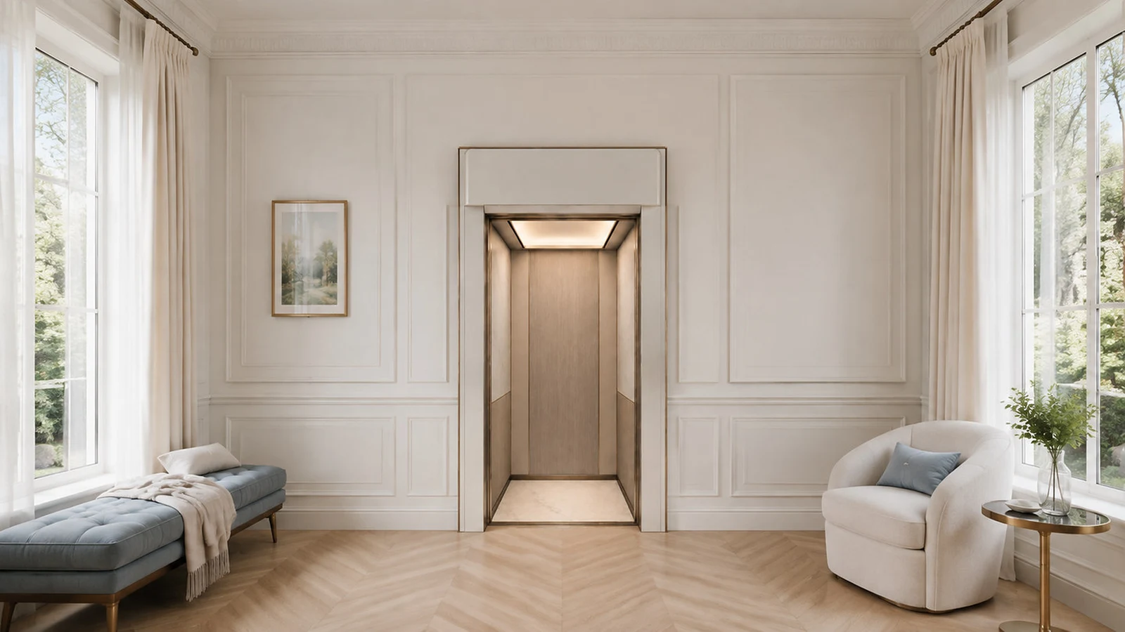 Woodmist lift with the door open into a living room