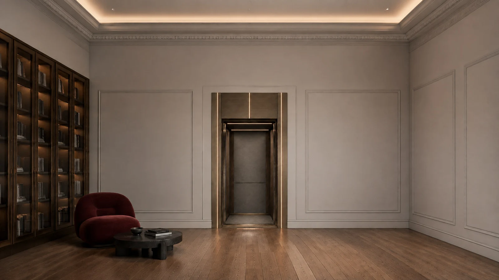 Velvet Slate lift with the door open into a living room
