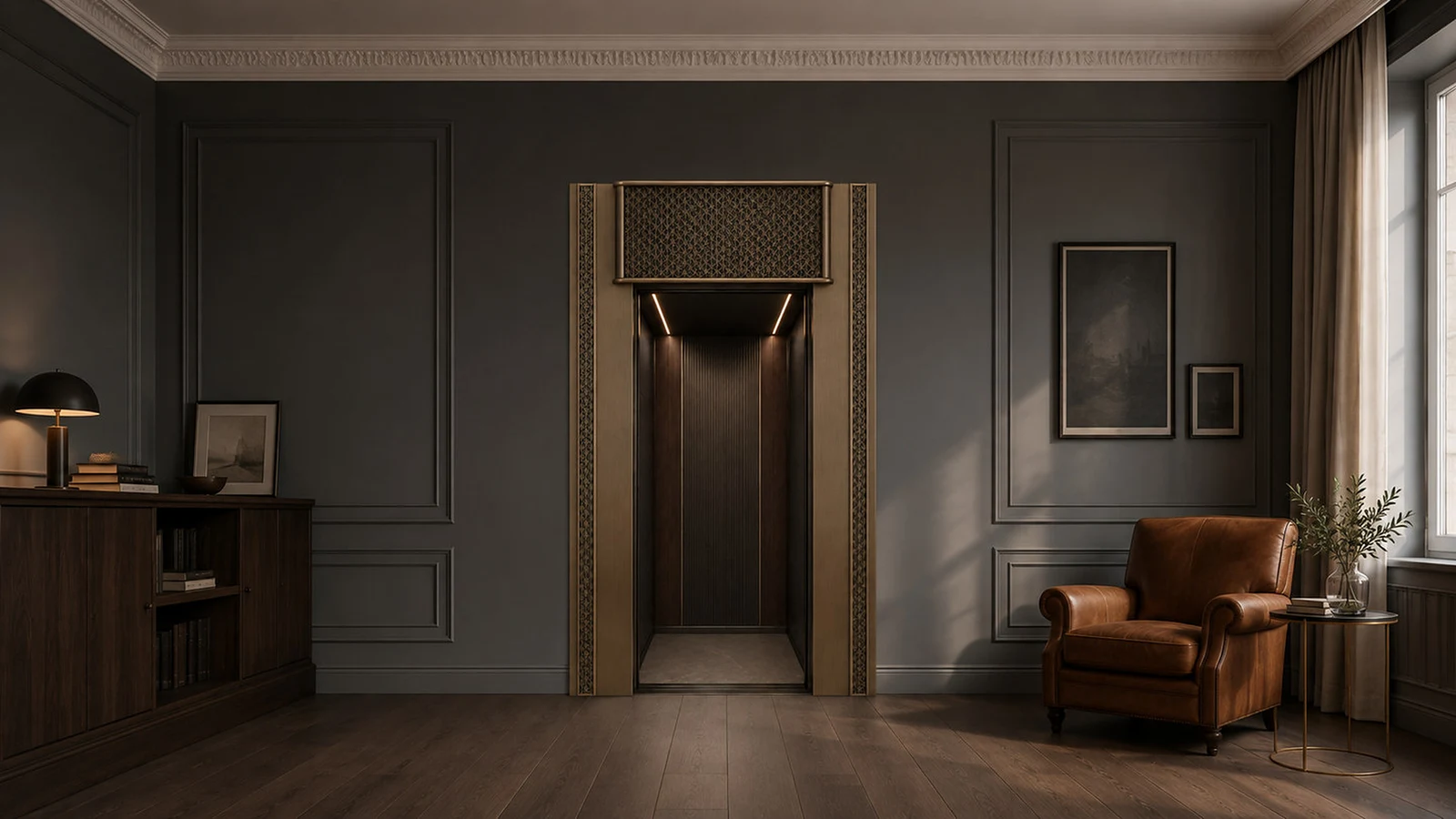 Dark Umber lift with the door open into a living room