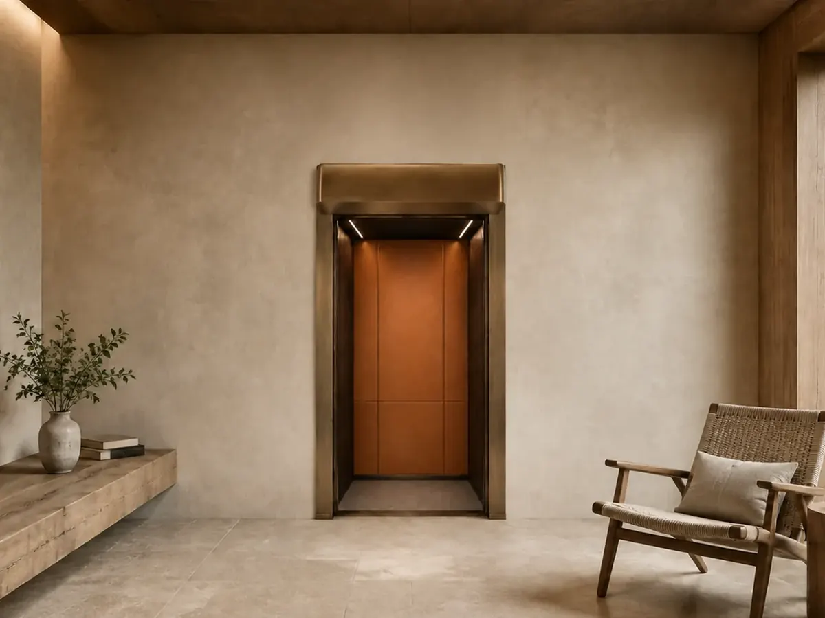 Open home lift car with cognac leather panels and bronze trim, set in a living room